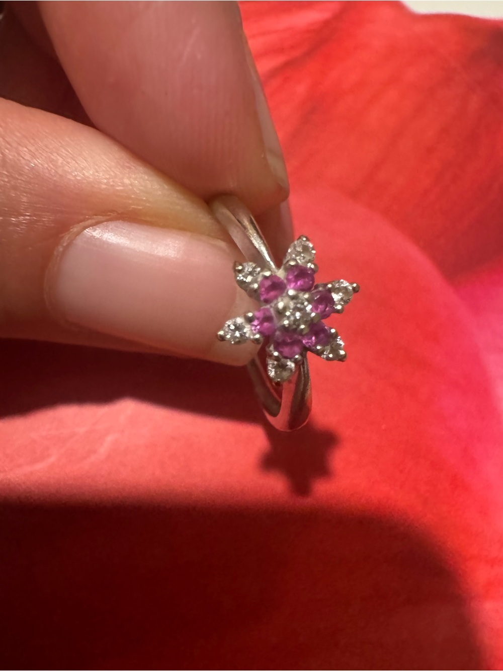 Diamond & Pink Sapphire Flower- 14k white gold ring